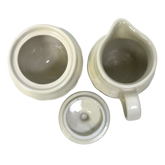 Longaberger Woven Traditions Pottery IVORY Cream Pitcher and Sugar Bowl USA-RARE - Picture 3 of 7